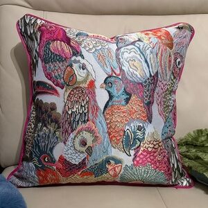 Vibrant Bird Embroidered Throw Pillow